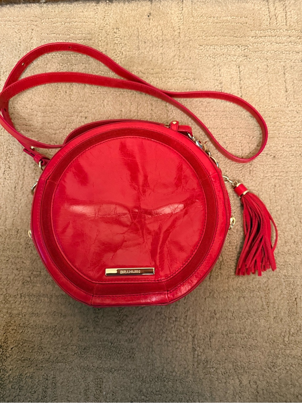 Brahmin Red Patent Leather Round Crossbody with Tassel